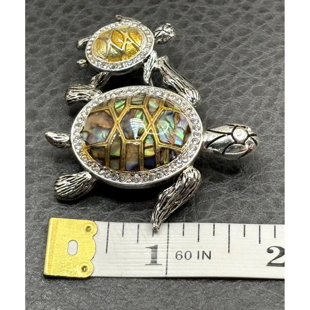 VTG Napier Mother Baby Sea Turtle Brooch Abalone Shell Rhinestone Silver Tone